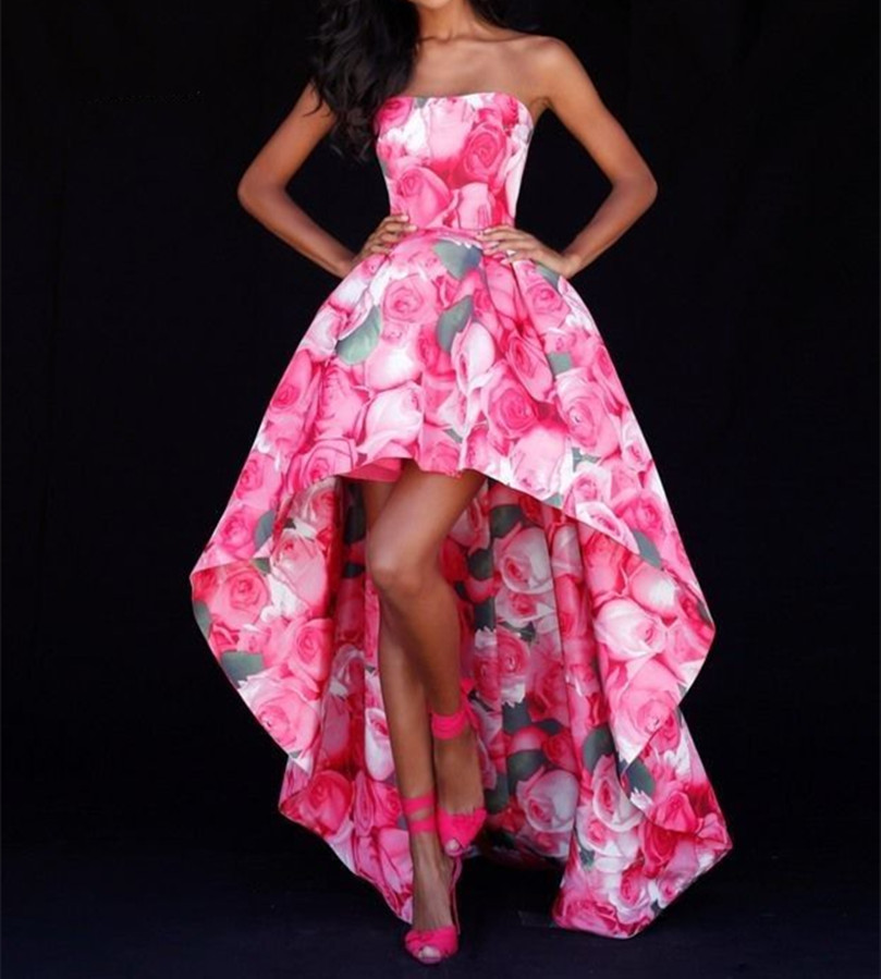 Elegant Hi-Lo Printed Pink Evening Dresses A-Line Satin Strapless Neck Lace Up Back Watteau Train Formal Occasion Prom Party Gowns for Women