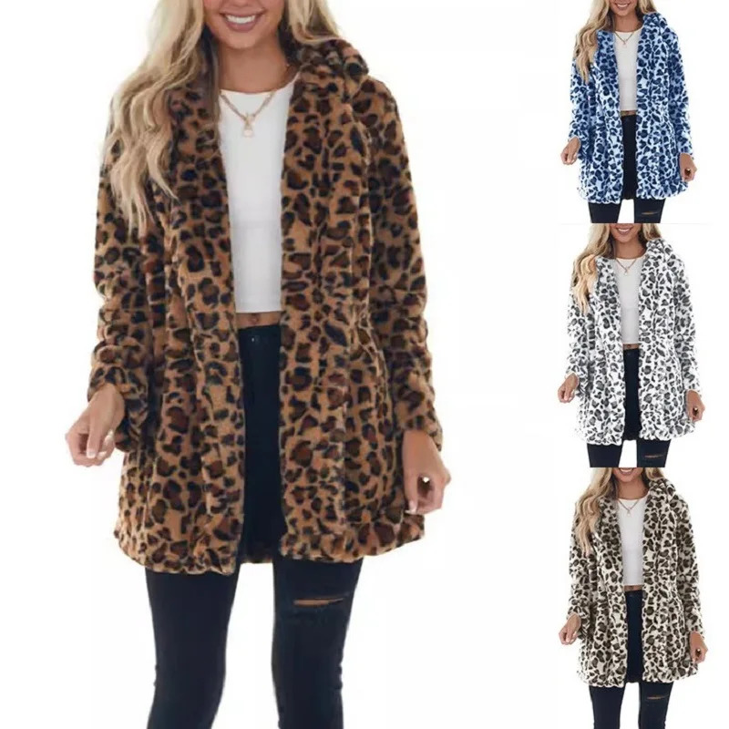 Women Winter Warm Faux Fur Coat Fashion Casual Turn-down Collar Leopard Jackets Ladies Streetwear Long Sleeve Pockets Overcoats 261015