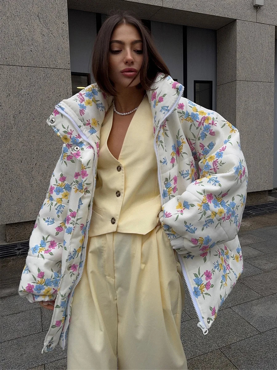 Bornladies Womens Puffer Jacket Stand Up Collar Zipper Closure Floral Print Warm Cotton Filled Coat Oversized Autumn Winter 261016