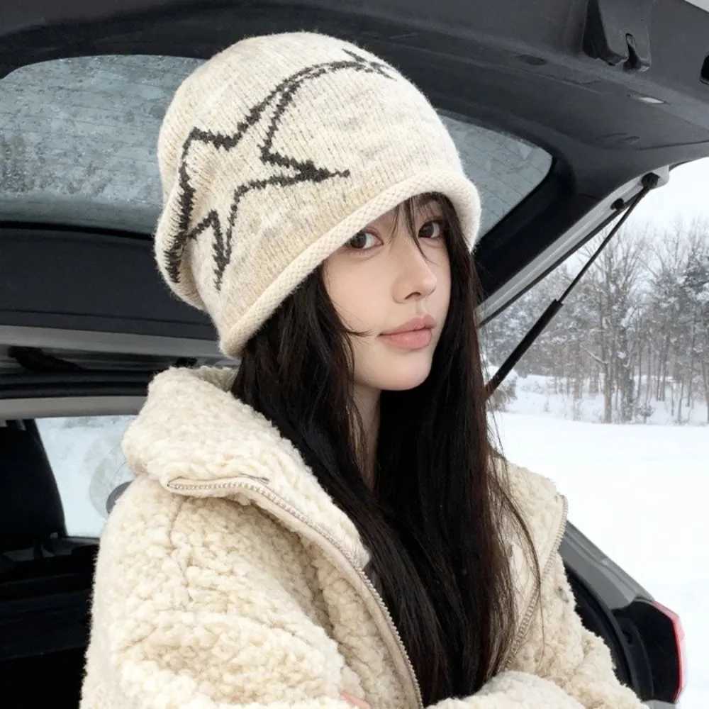 Beanie/Skull Caps Y2K Style Star Patterned Beanie Cap Elastic Edge Curl Knitted Hat Ear Protection Soft Brimless Slouchy HatT261017