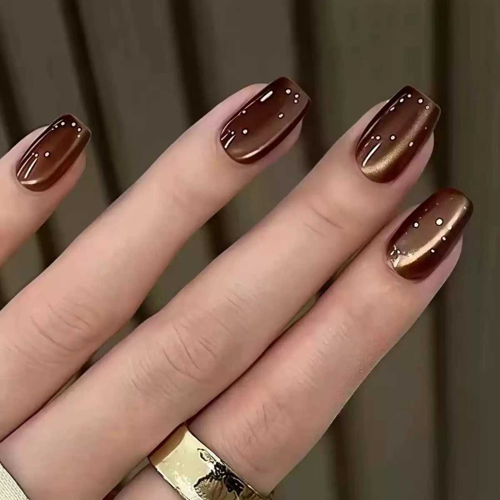 False Nails 24PCS Coffee Cat Eyes Short Square Press On Nails Fake Nails Wearable Tool Full Cover Nails Tips Acrylic Nail Tips For Women Q261017