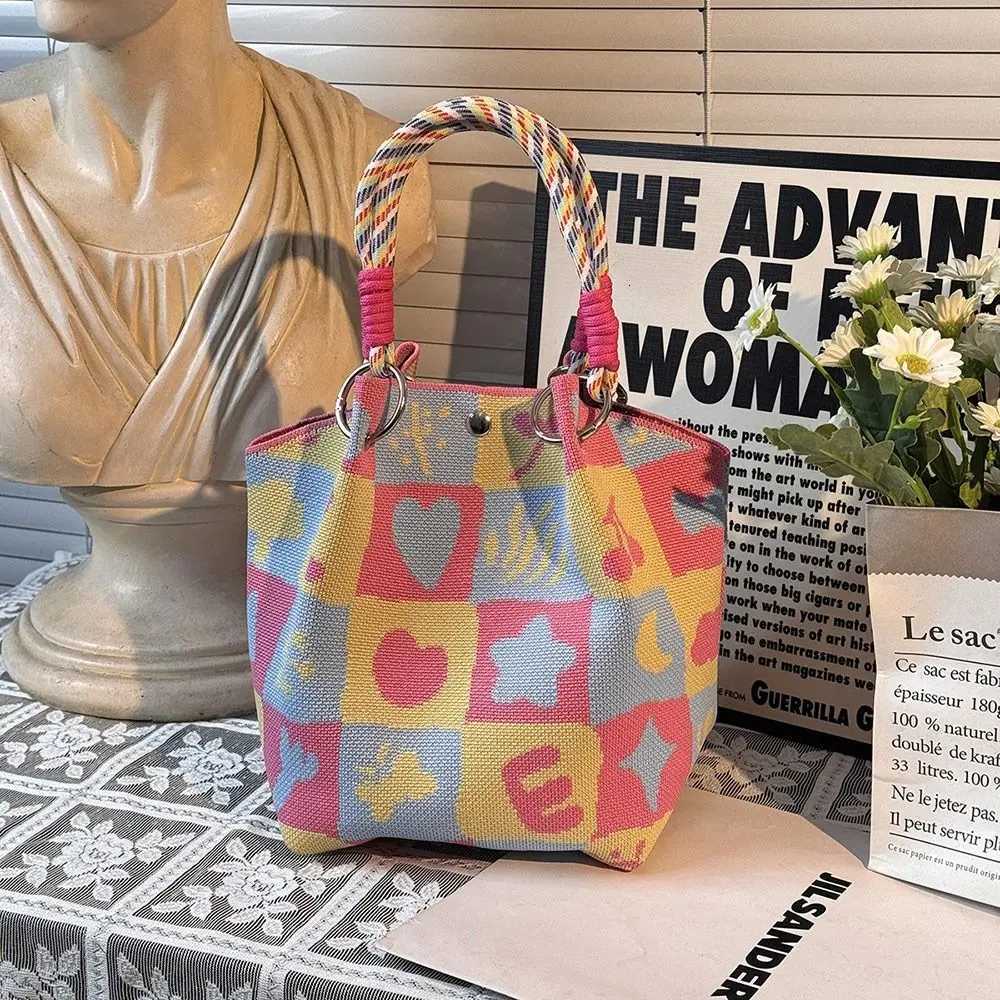Evening Bags Portable Cartoon Knitted Bucket Bag Large Capacity Handmade Shoulder Bag Woven Ring Tote Bag for Women H2610161