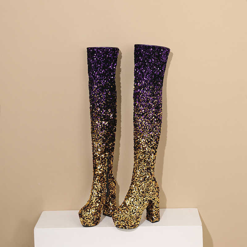 2026 new autumn and winter women's boots sequin detailing, gradient chunky platforms over-the-knee lengths