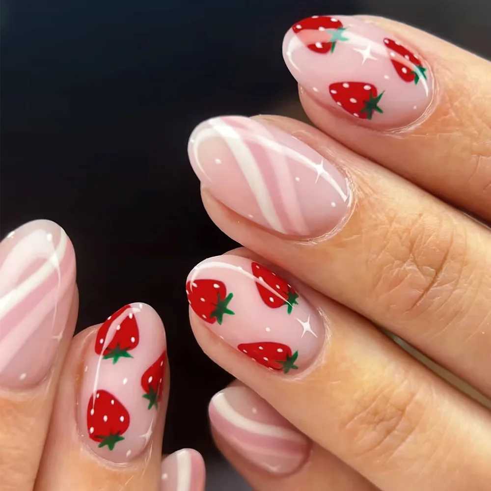 False Nails 24pcs Short Glossy Oval Fake Nails Cute Sweet Strawberry Fake Nail Patch Wearable Full Cover for Girl Press on Nail Tips Q261017