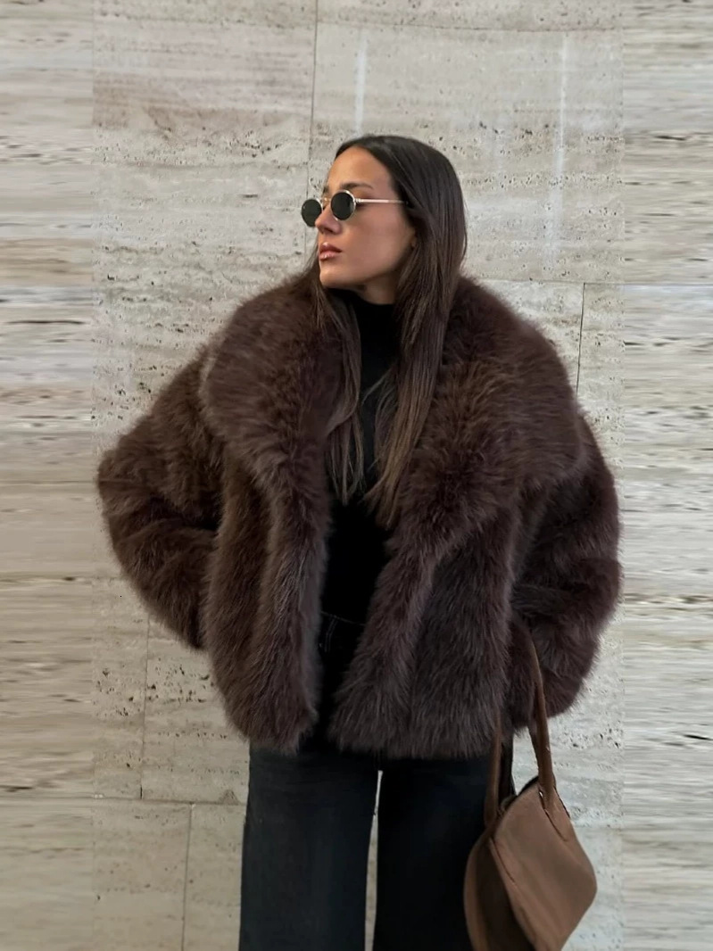 Cross-Border European American Artificial For Women, Autumn And Winter, Large Lapel Fox Coat, Vintage Coffee-Colored Fur Coat Honglu