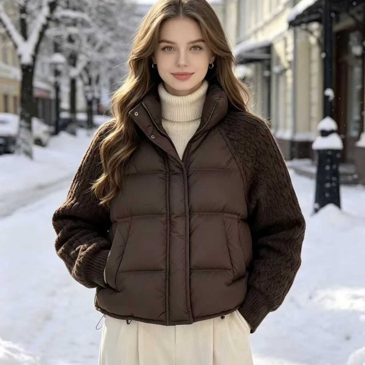 Women's Down Parkas Winter Warm Women's Puffer Parkas Stand Collar Zipper Patchwork Knitted Padded Cotton Loose Jackets Fashion Thickened