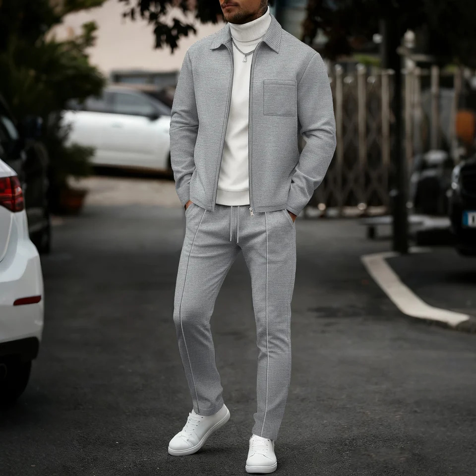 2026 Mens SpringAutumn Waffle Pure Color Zippered Collar Pockets Blazer Casual MultiFunctional Jacket Pants Set 261017