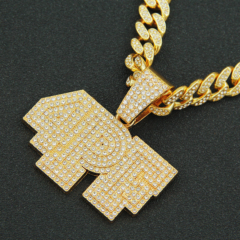 Unique creative diamond-studded number letter pendant necklace, a Cuban link chain men, perfect for European and American hip-hop street style outfi