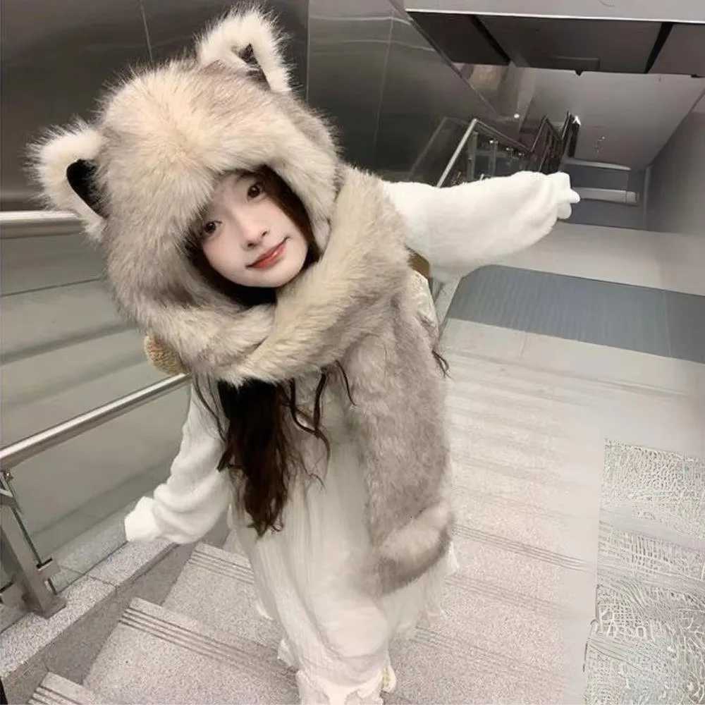 Beanie/Skull Caps 2025 New Women's Plush Fox Ear Bucket Hat Windproof Integrated Cap Scarf Trendy Cute Plush Neck Warm Hat Scarf Balaclava Hat