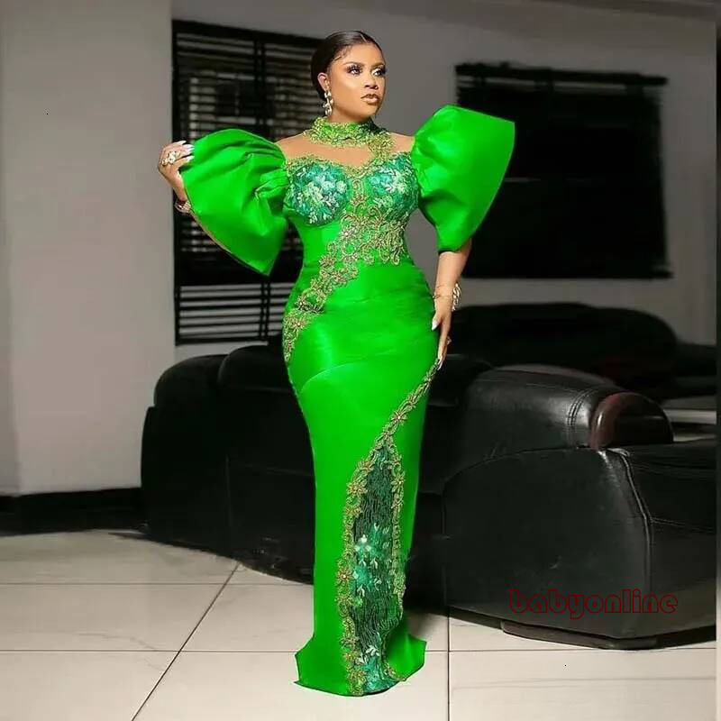 Aso Ebi Green Mermaid Prom Dresses Sequins Lace Appliques Puffy Sleeves African Sheath Or Length Evening Gowns Women Formal Ocn Party Dress