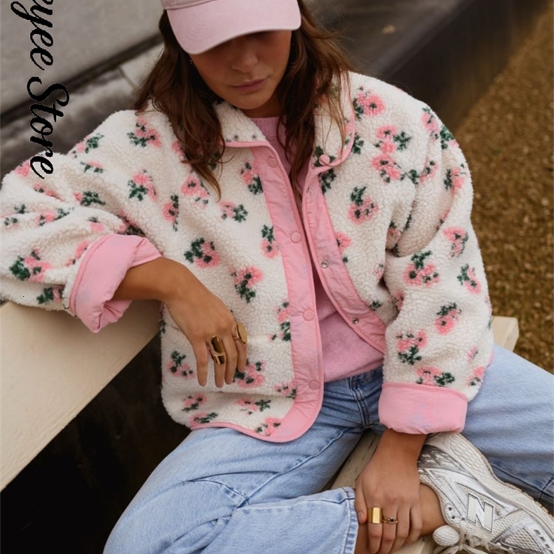 Women Reversible Fleece Jacket Floral Print Sherpa Fuzzy Stand Collar Long Sleeve Loose Double Sided Wear Autumn Winter Coats 261016