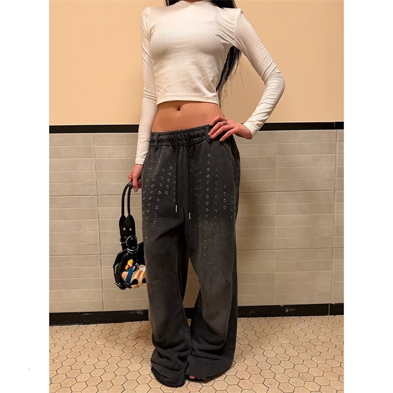 Rivet Cargo Casual Trousers Autumn American Vintage Washed Texture Loose Looking All Match Autumn Wide Leg Pants 261016
