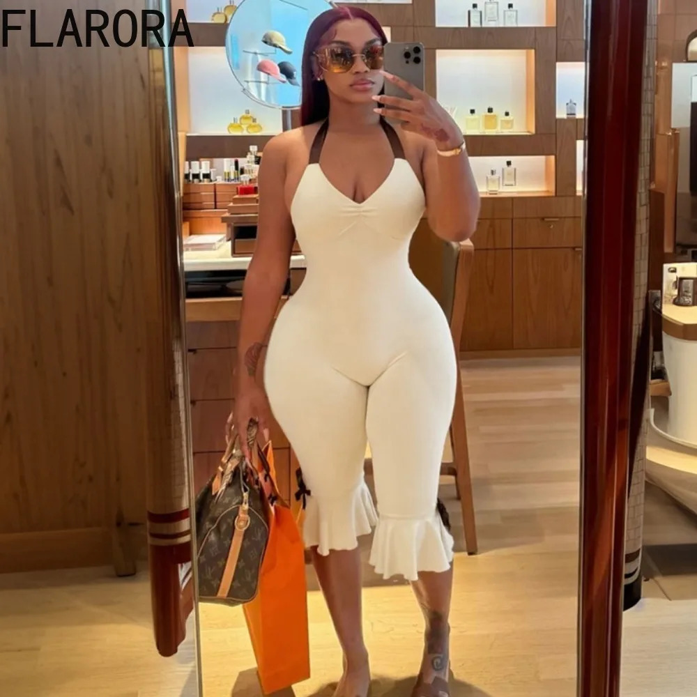 FLARORA Trend Bows Patchwork Flare Jumpsuits Woman Sexy Solid Color Halter Backless Lace Up Slim Playsuit Female Street Overalls 261015