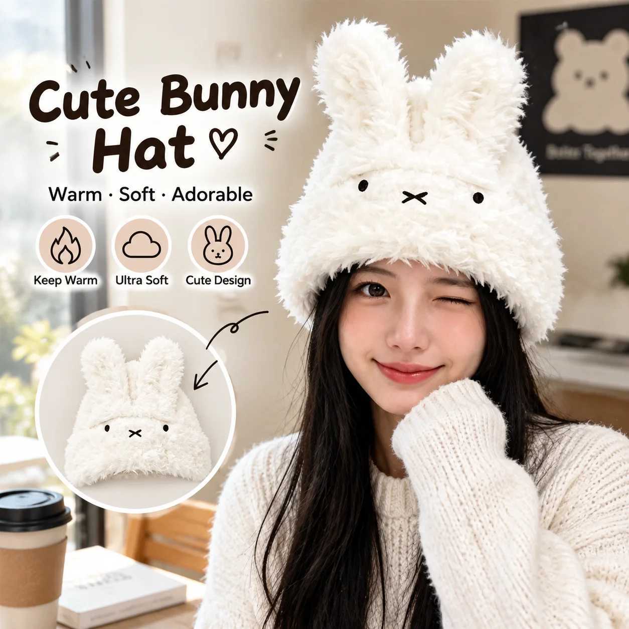 Beanie/Skull Caps Cute Plush Hat Women Girls Miffy Rabbit Ears Beanie Warm Ear Protection Knitted Wool Cap Photo Prop Winter Outdoor FashionT261017