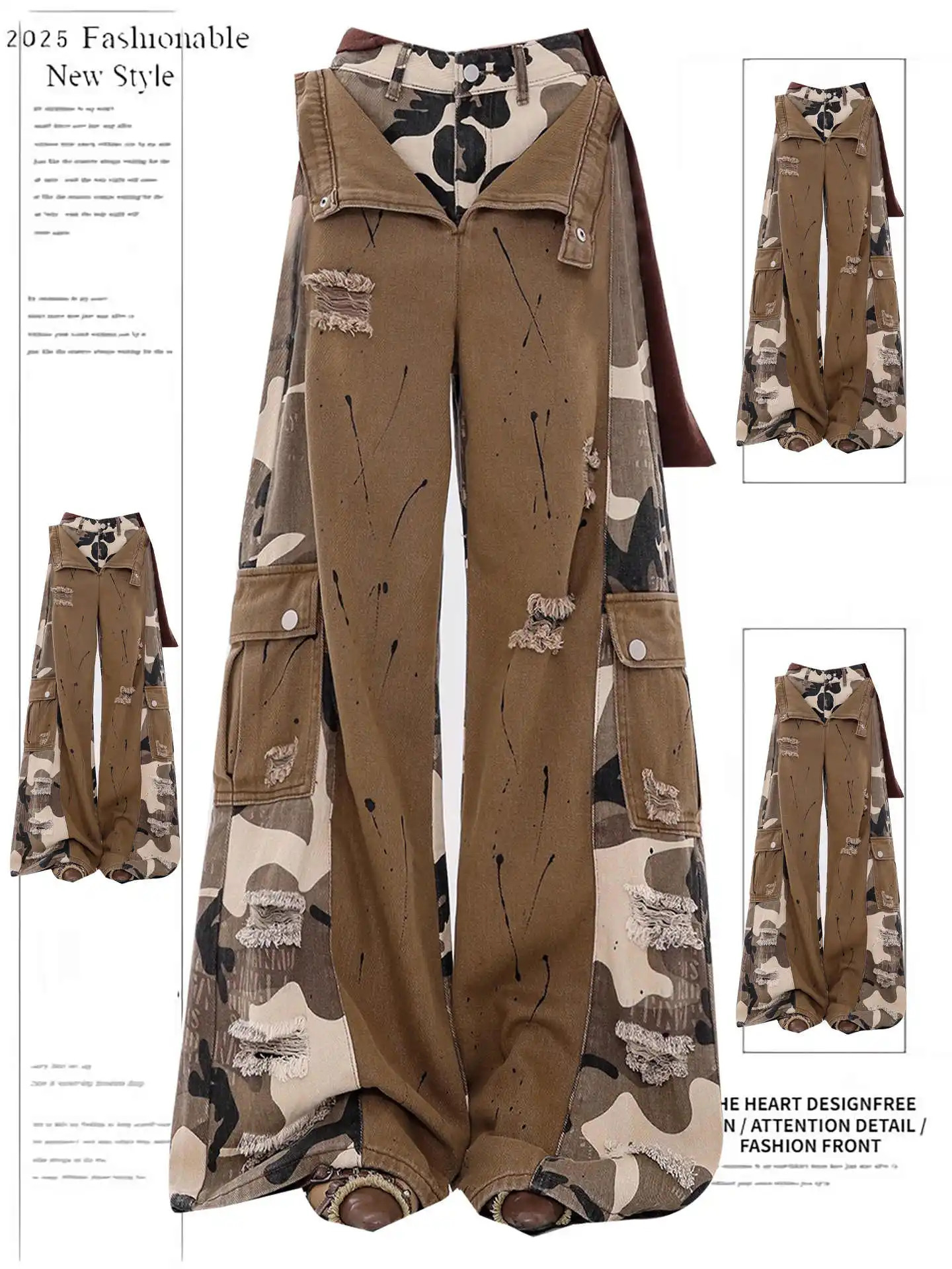 Women Brown Camouflage Patchwork Ripped Cargo Jeans Harajuku Vintage Baggy Denim Trousers Japanese 2000s Y2k Ripped Jeans Pants 261015