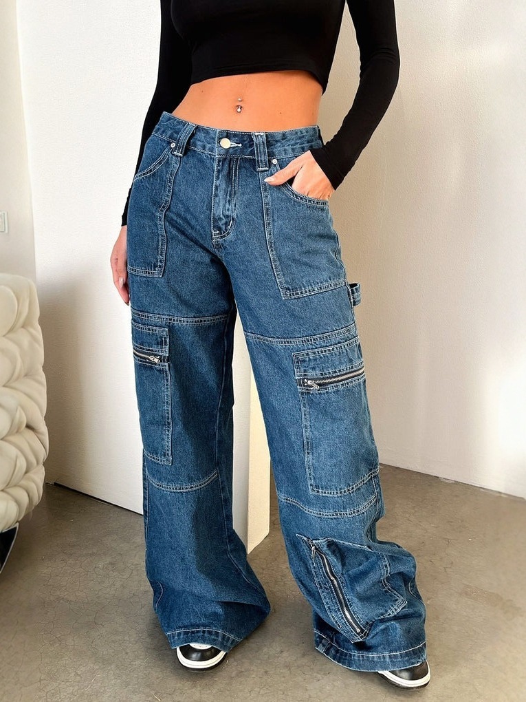 Women High Waist American Retro Workwear Jeans Wide Leg Floor Length Denim Pants Trendy Hot Girl Look Casual Street Style Daily Wear Long Trousers F