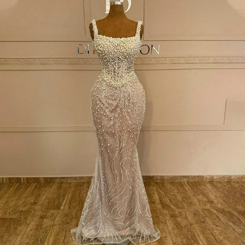 Customized Exquisite Prom Gowns High Quality Column Beading Pearls Gown Square Aristocratic Style Mermaid Evening Dresses Women 261015