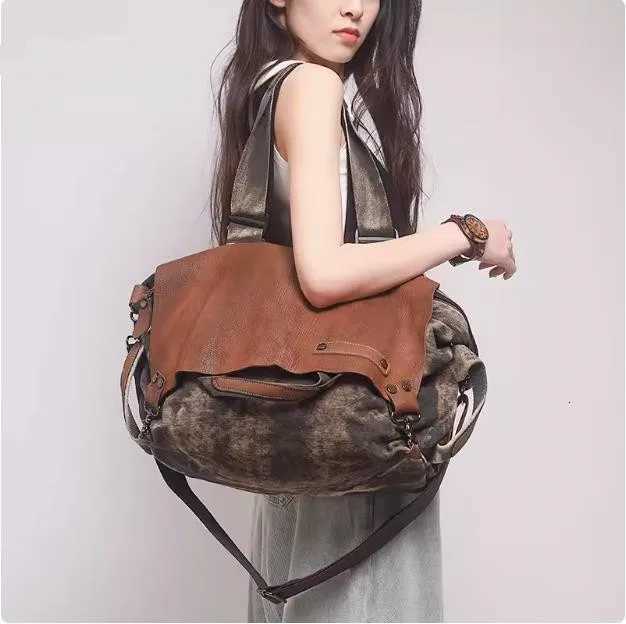 Evening Bags Vintage cowhide canvas bag summer new high-quality Tote bag women's large capacity single shoulder crossbody bag H261016