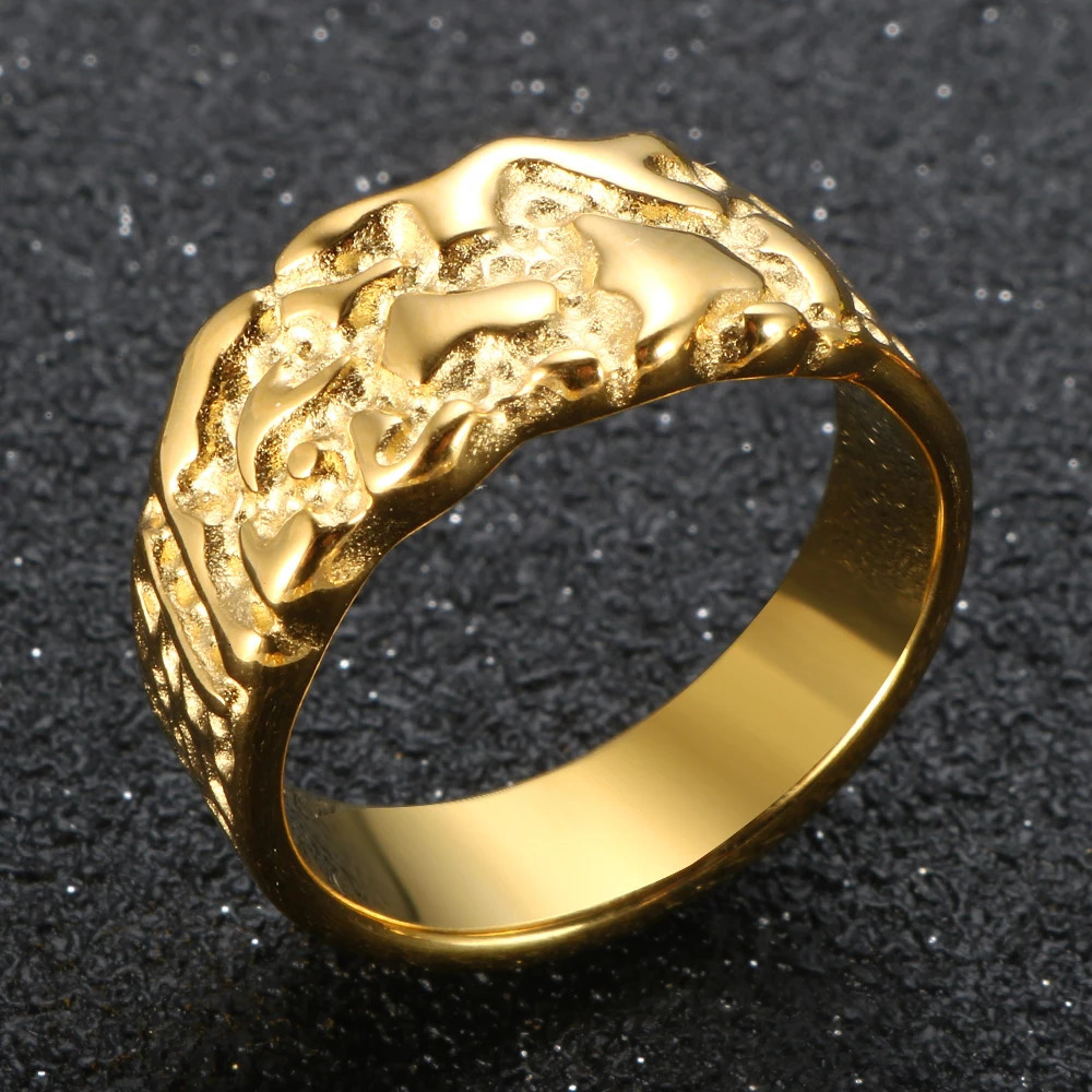 Vintage Gold Color Nugget Unique Ring Stainless Steel Punky For Women Men Aesthetic Bump Jewelry Gift Elder Rings Trend 261017