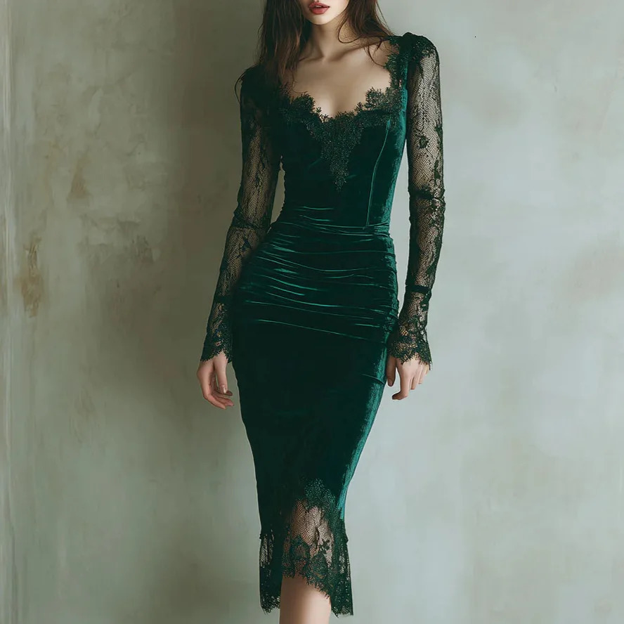 Elegant Lace Embroidery Velvet Dress Women's Fashion V Neck Draped Hight Waist Slim Party Dresses Sexy Zip Slim Bodycon Dress 261015