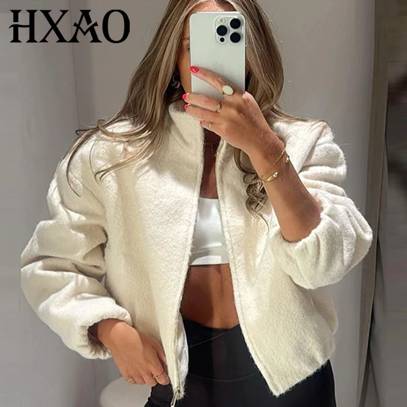HXAO Beige Tweed Jacket Women's Jacket Autumn Winter In Coats Jackets Crop Stand Collar Long Sleeve Top Fashion Outerwears 261014