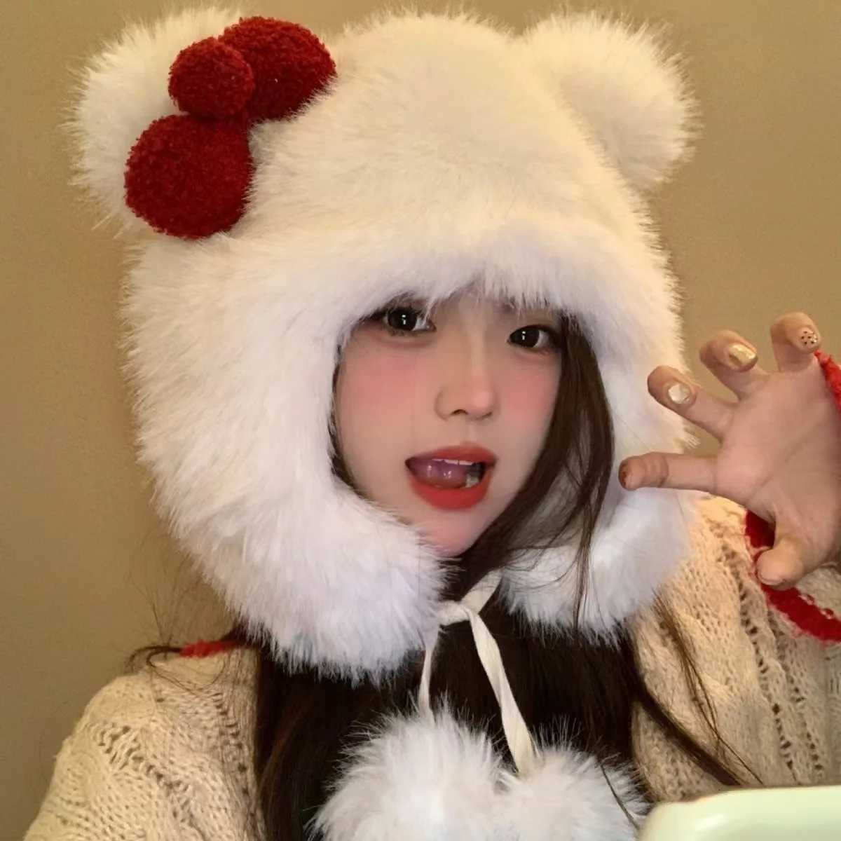 Beanie/Skull Caps Plush thick warm hat tie Lei Feng hat sweet and cute bow KT ear protection Bao head knitted hat female trend Q261017