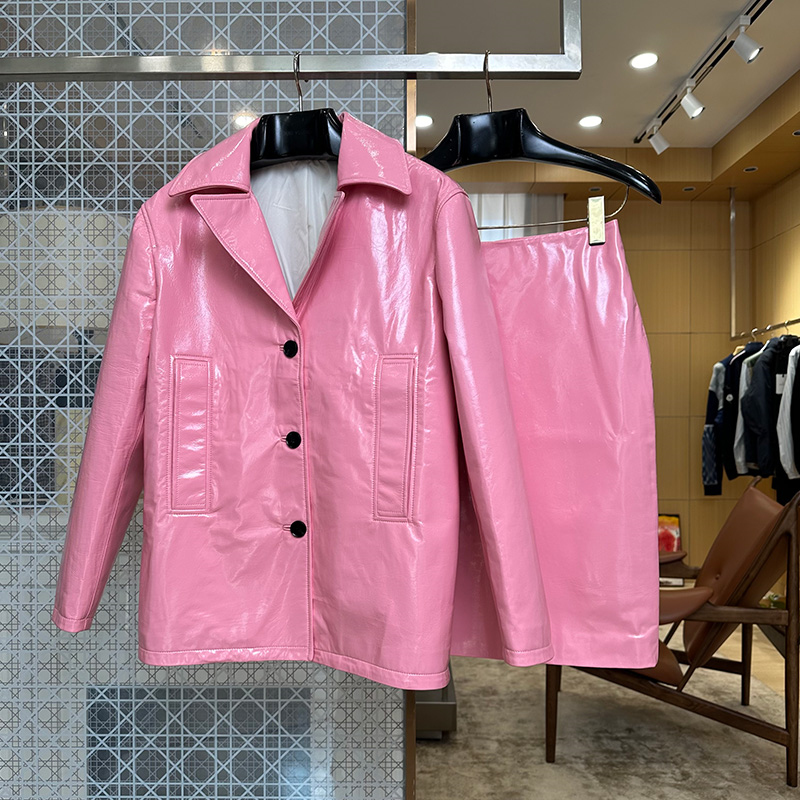 Y2K Glossy Pink PU Jacket Women Lapel Button Jacket High Waist Split Midi Skirt Designer Stylish Chic Faux Leather Outfits for Women