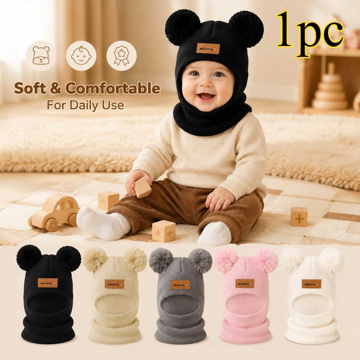 Beanie/Skull Caps 1PC Cute Bear Pom Baby Knit Balaclava Hat Windproof Ear Protection Infant Beanie for Autumn Winter Daily Outdoor Q261017