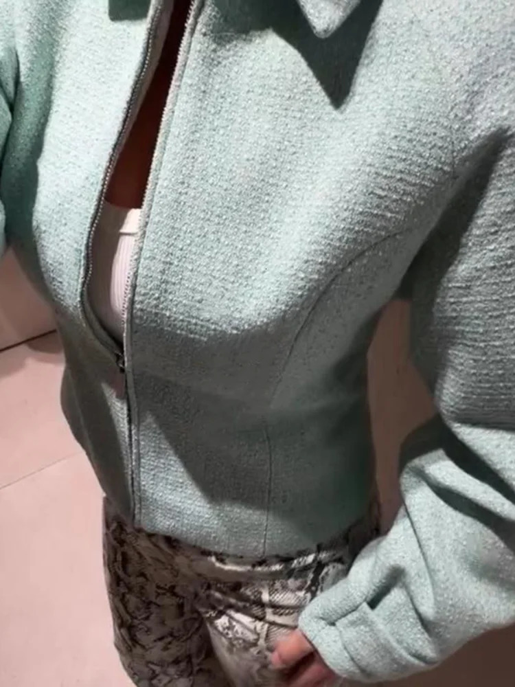 Womens Jacket Turn Down Collar Zipper Cropped Top Long Sleeve Cinched Waist Jackets Casual Slim Blouse Autumn Short Coats Lady 261016