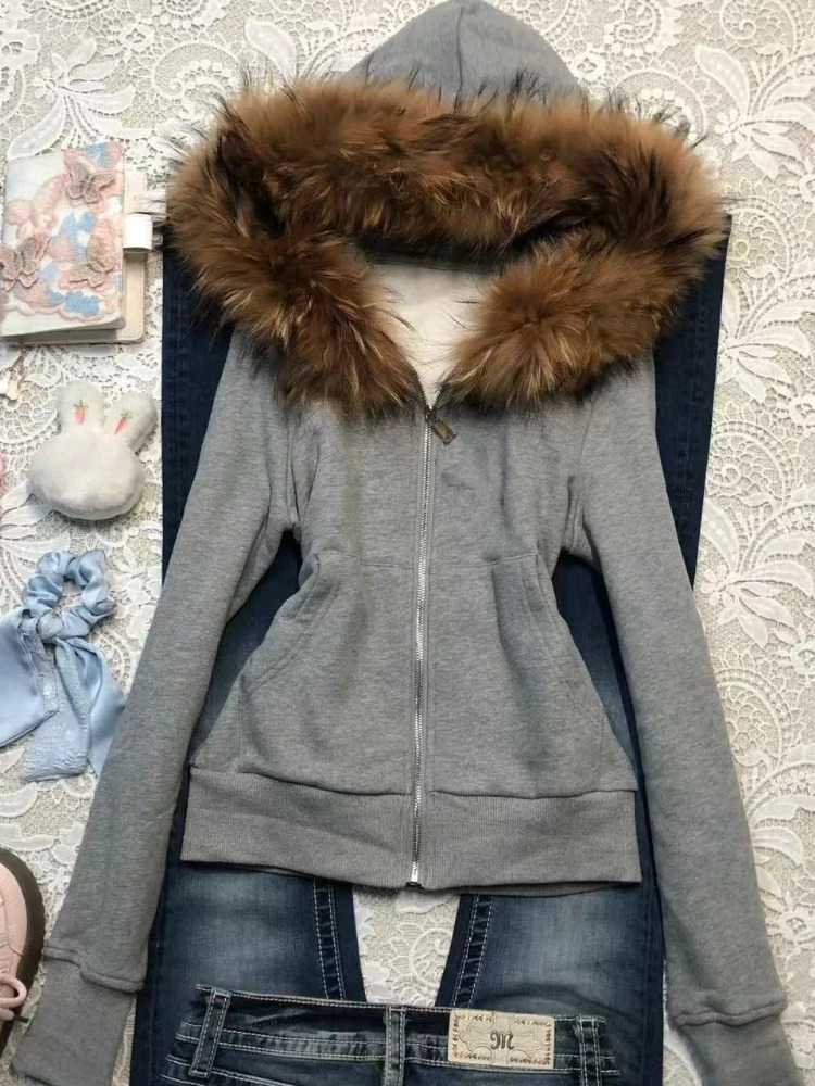 Vintage American Retro Solid Hooded Hoodie Women Winter Faux Fur Lined Zip Up Sweatshirt Cozy Fleece Pullover Streetwear Jacket 261016