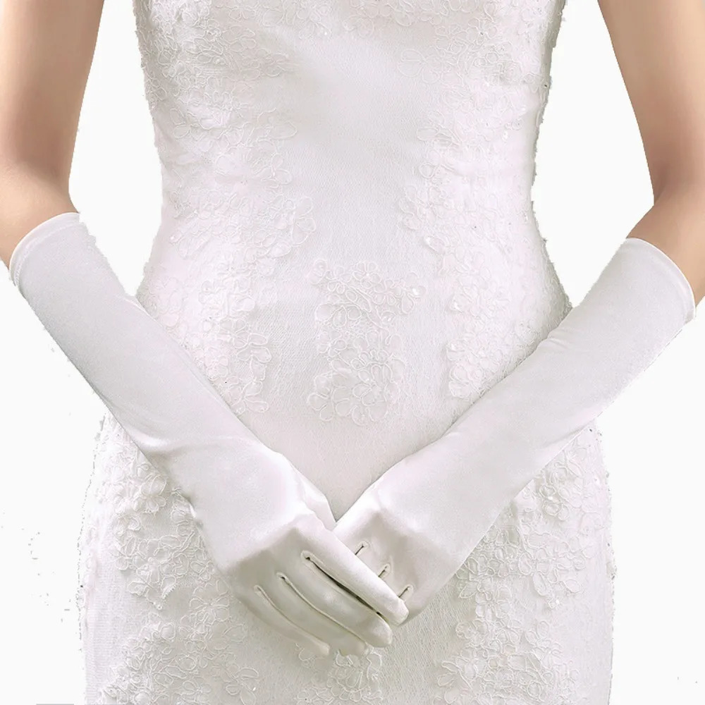 1Pair Womens Evening Party Formal Gloves Solid Color Satin Long Finger Mittens for Events Activities Red White Rose Color 261017