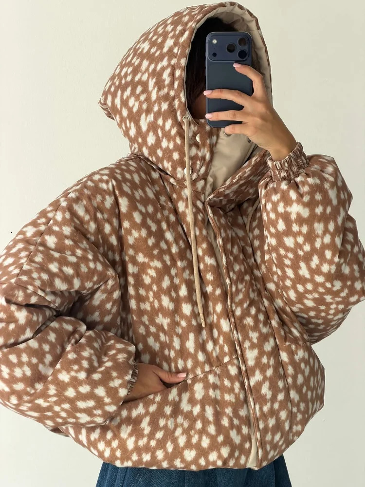 Reversible Deer Print Hooded Puffer Coat Drawstring Hem Zipup 2026 Winter Womens Padded Jacket Casual Lady Cottonpadded Coat 261016