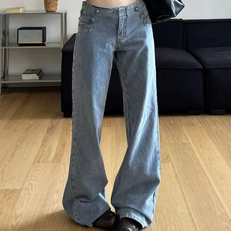American High Street Washed Blue Personalized Loose Low Waist Button n Women Jeans Retro 260911