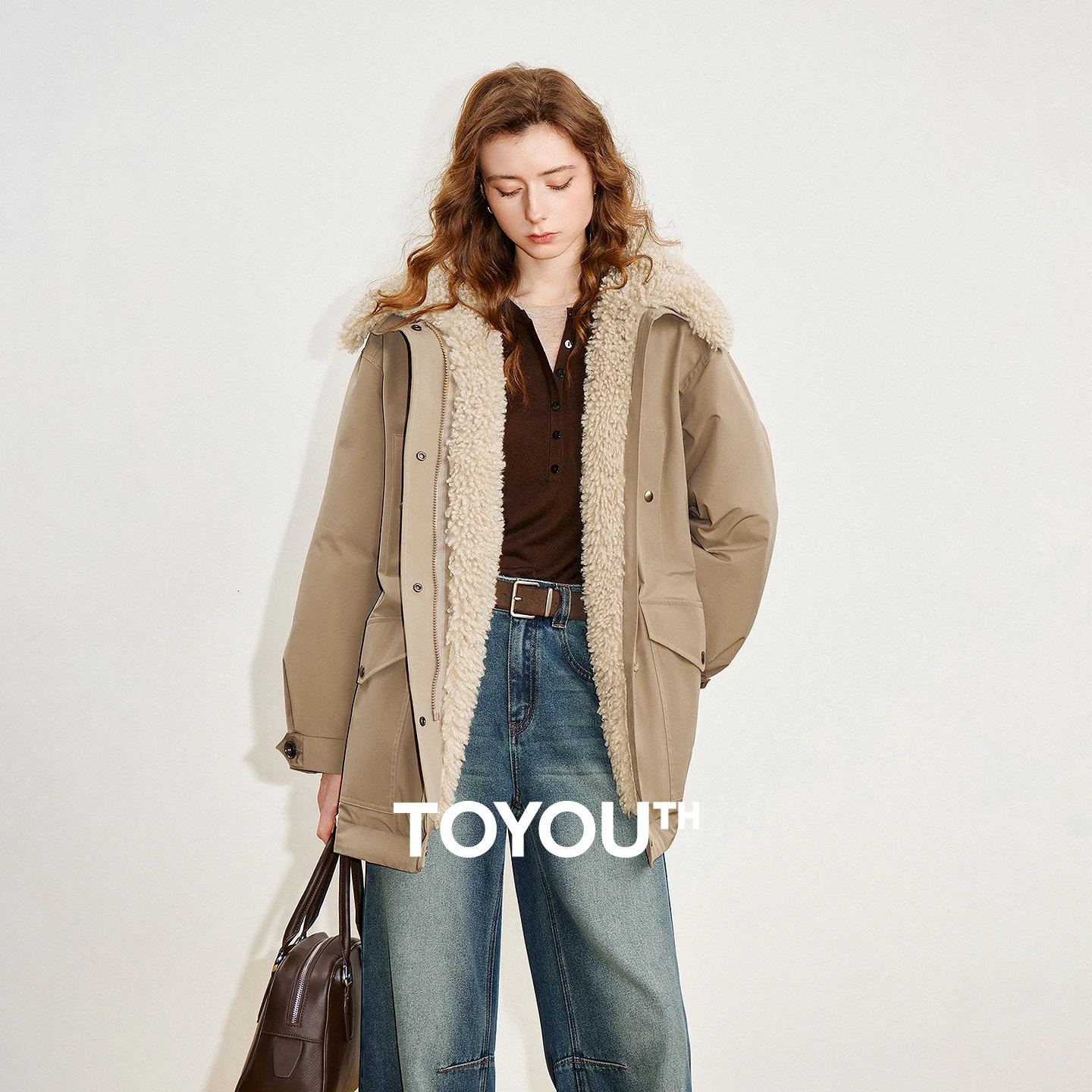 TOYOUTH Women's Down Jacket Winter 90% Down Teddy Fleece Jacket Retro Barn Style Warm Outerwear 261014