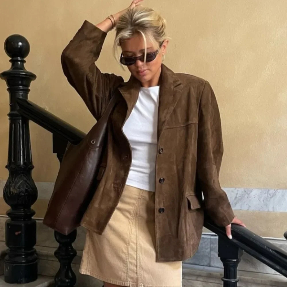 Chic Brown Suede Jacket for Women Autumn Office Lady Commuting Outwear Elegant Lapel Long Sleeve Single Breasted Pockets Coats 261016
