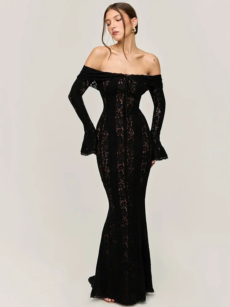 Elegant Lace Off-Shoulder Sexy Maxi Dress Women Strapless Backless Long Sleeve Bodycon Evening Club Party Long Dress 261015