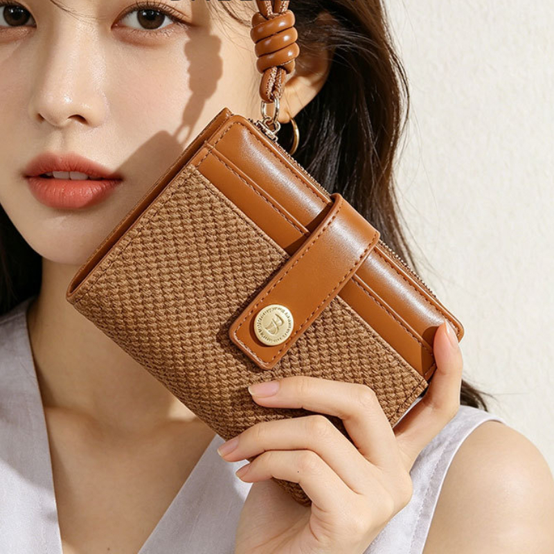 Women Short Wallet, 2026 New Korean Style Color Block Purse, Woven PU Patchwork Multi Card Slot Zipper Coin Pocket, Simple Stylish Student Commute L