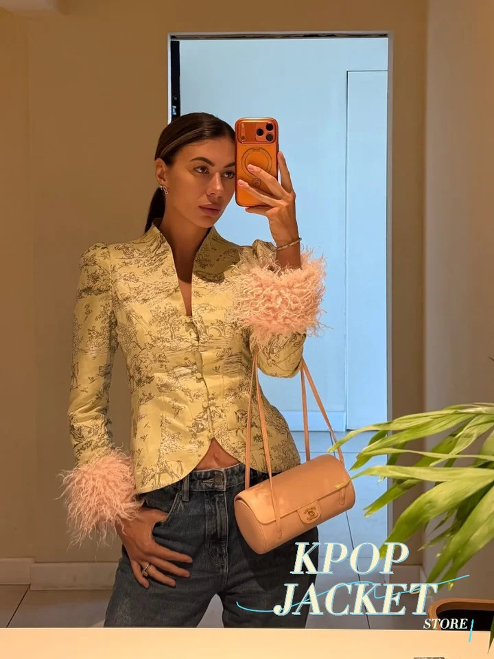Women Printed Blazer V Neck Satin Fabric Light Green Puff Sleeve Faux Fur Cuff Slim Outerwear 2026 Daily Classy Elegant 261016