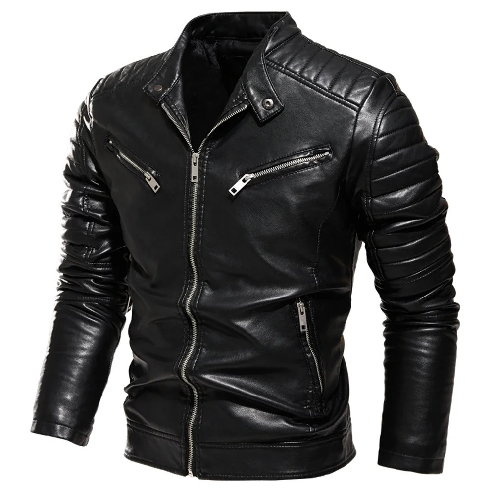 Winter Black Leather Jacket Men Fur Lined Warm Motorcycle Jacket Slim Street Fashion BLack Biker Coat Pleated n Zipper 261012
