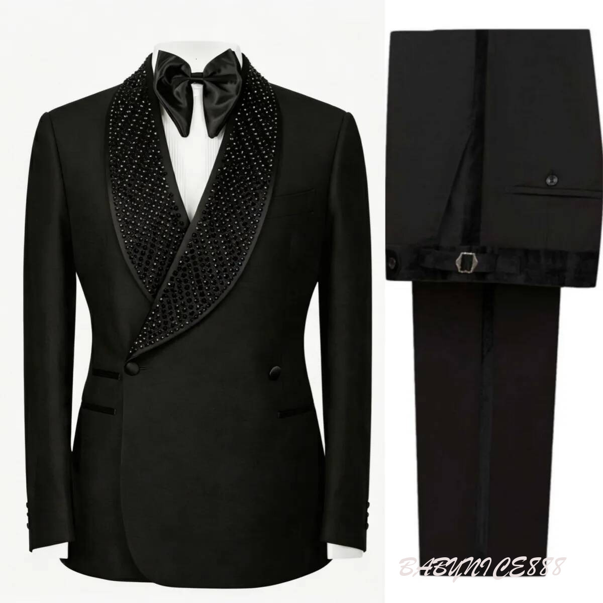Formal Wedding Tuxedos Beaded 2 Piece Set Plus Size Men Suit Handsome Shawl Lapel Jacket Pants Groom Evening Blazers Customized