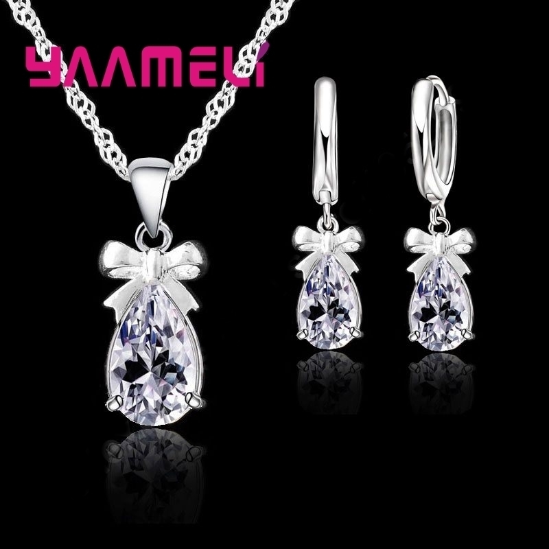 925 Sterling Silver Women Water Drop Austrian Crystal Pendants Necklace Earrings Jewelry Set For Wedding Engagement Gift 261008