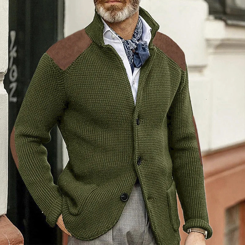 Autumn Winter Men Knit Cardigan Single Breasted Turn Down Collar Knitted Sweater Jackets Fashion Patchwork Male Sweater Coat 261015