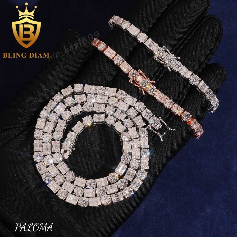 S925 Sterling Silver VVS1 D Color Mixed Cut Moissanite Tennis Necklace Bracelet Set Pass Diamond Tester Gift for Unisex