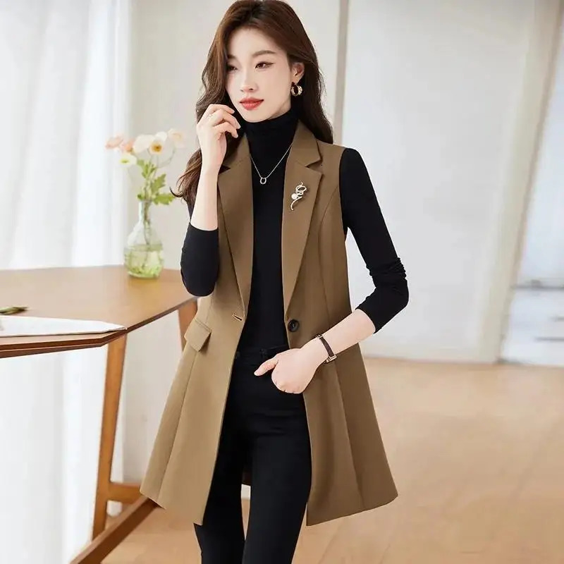 Elegant Office Lady Mid Long Coat 2026 Spring Autumn Women Blazer Vest Female Waistcoat Casual Suits Sleeveless Jacket Outwear 261015