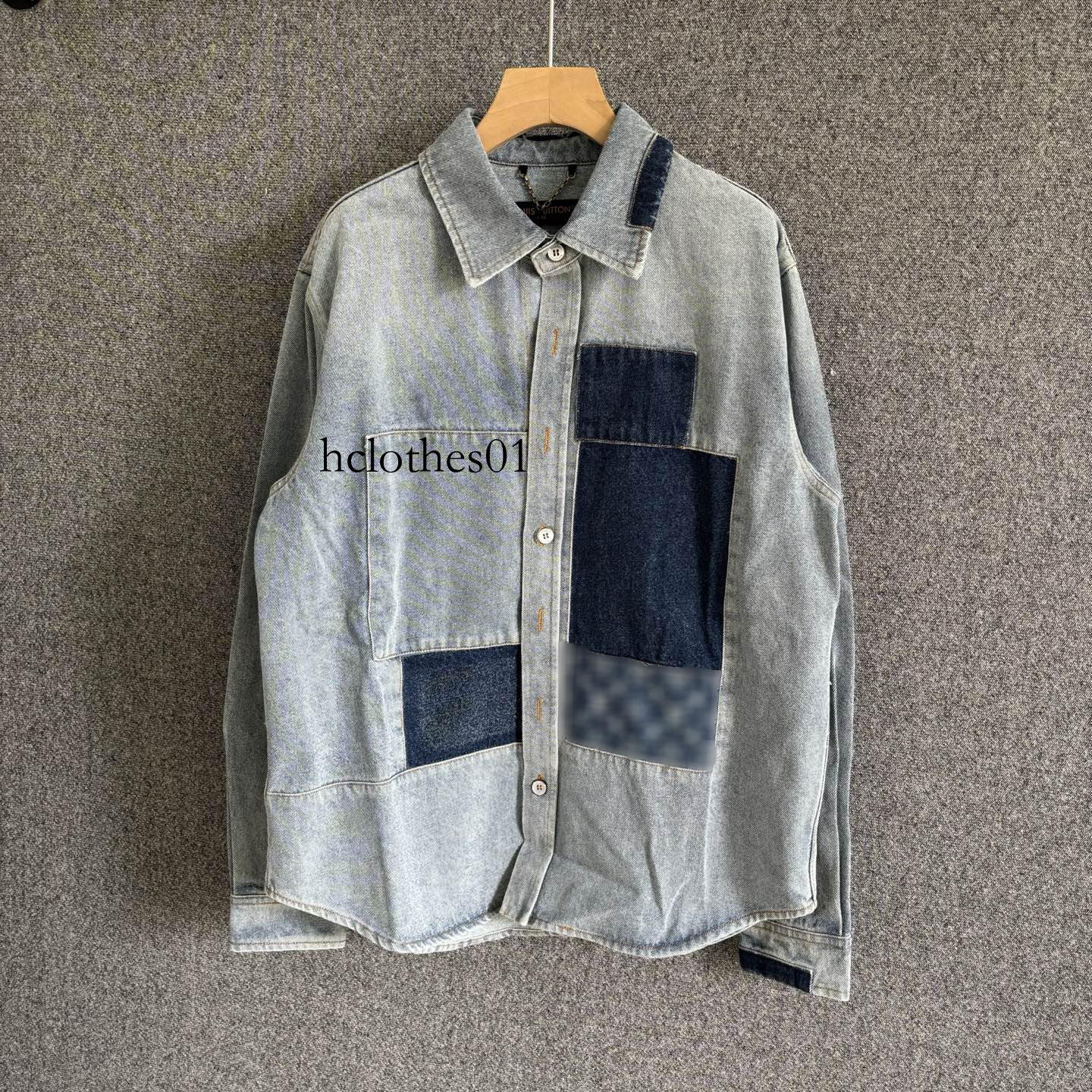 High-quality, export-grade men's denim jacket jeans set with contrasting color patchwork and printed designs