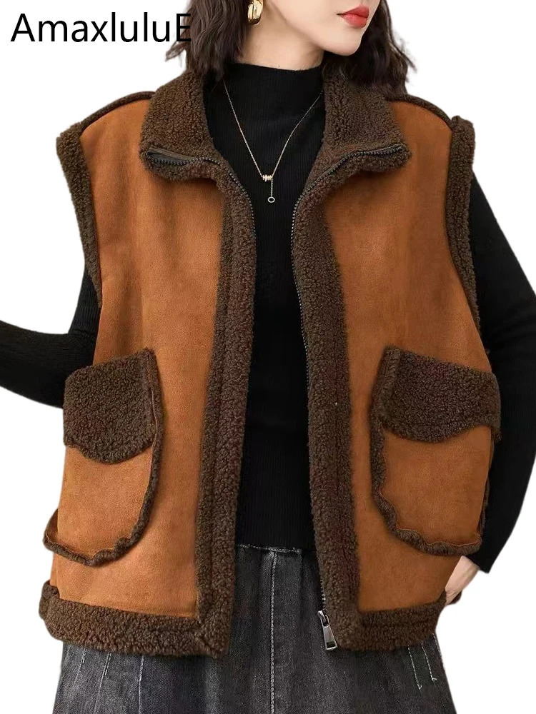 Amax LuluE Korean Winter Vest Womens Fashion Warm Fur Suede Sleeveless Coats Ladies Classic Loose Casual Vintage Waistcoats 261014