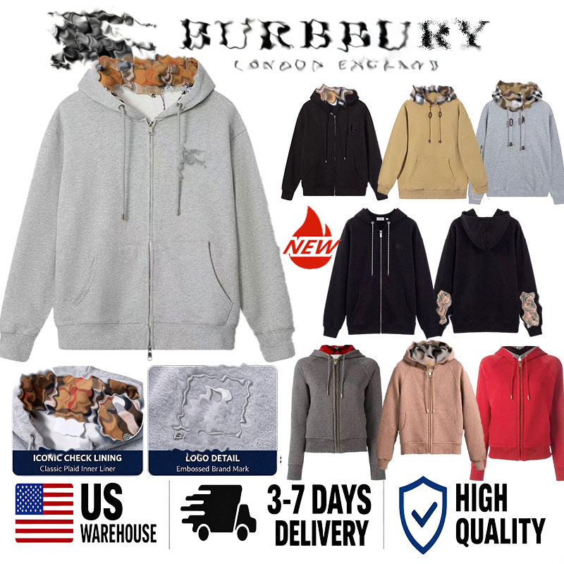 Designer Hoodies Burbehoody Zip Up Hoodie Men Hoodies Check Hood Cotton Jacket Full Zipper Sweatshirt Men Women Pullover Hoodies Sweatsuit multi-pur