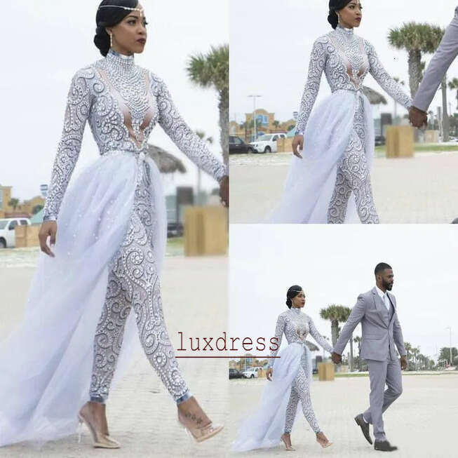 Full Lace Wedding Dress Gorgeous Jumpsuits With Detachable Train High Neck Beads Crystal Long Sleeves Modest Dresses African Bridal Gowns