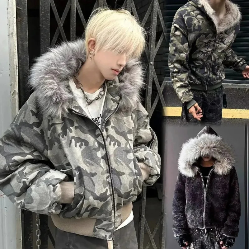 Men Winter Faux Fur Hooded Short Parka Jacket Thick Padded Solid Camouflage Retro Aesthetic Casual Daily Street Winter Coat 261014