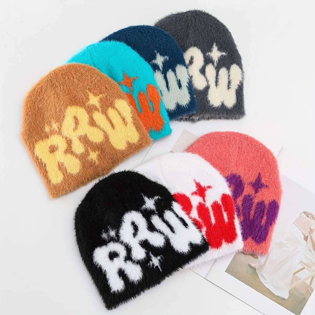 Beanie/Skull Caps Unisex Y2K Fuzzy Knit Beanie Hat Fluffy Bubble Letter Graphic Winter Warm Soft Plush Skull Cap Streetwear for Men WomenT261017